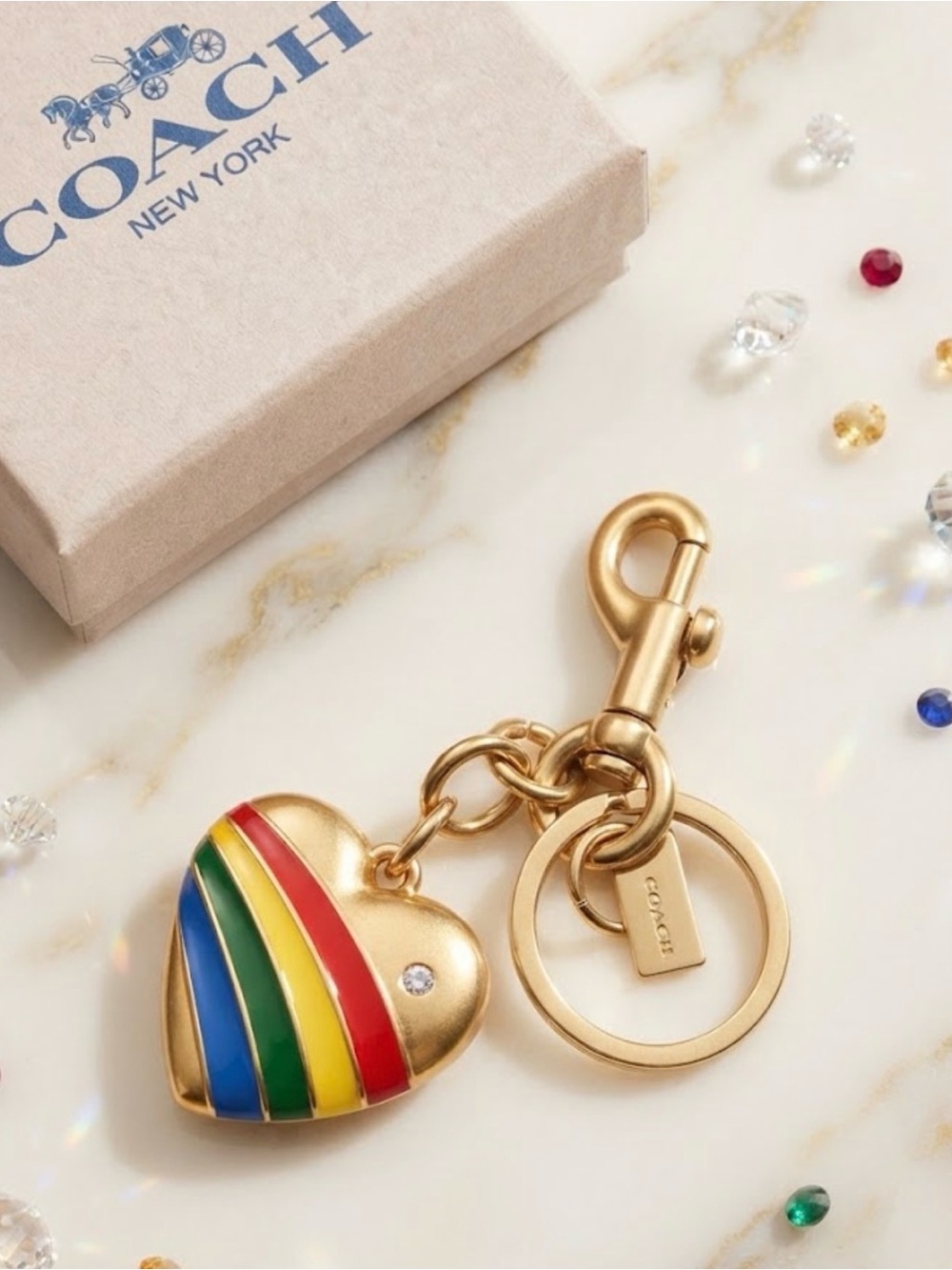 COACH Gold Rainbow Heart Keychain Bag Charm New in Box Without Tags